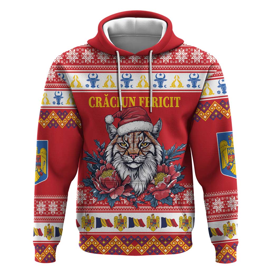 Personalized Romania Christmas Hoodie Eurasian Lynx With Peony Flowers LT18