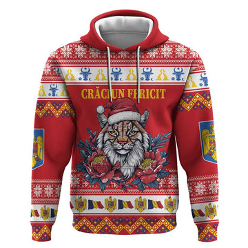 Personalized Romania Christmas Hoodie Eurasian Lynx With Peony Flowers LT18