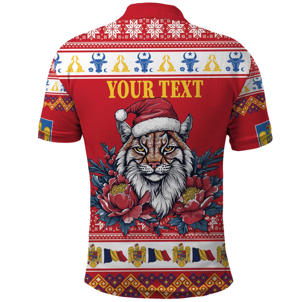 Personalized Romania Christmas Polo Shirt Eurasian Lynx With Peony Flowers LT18
