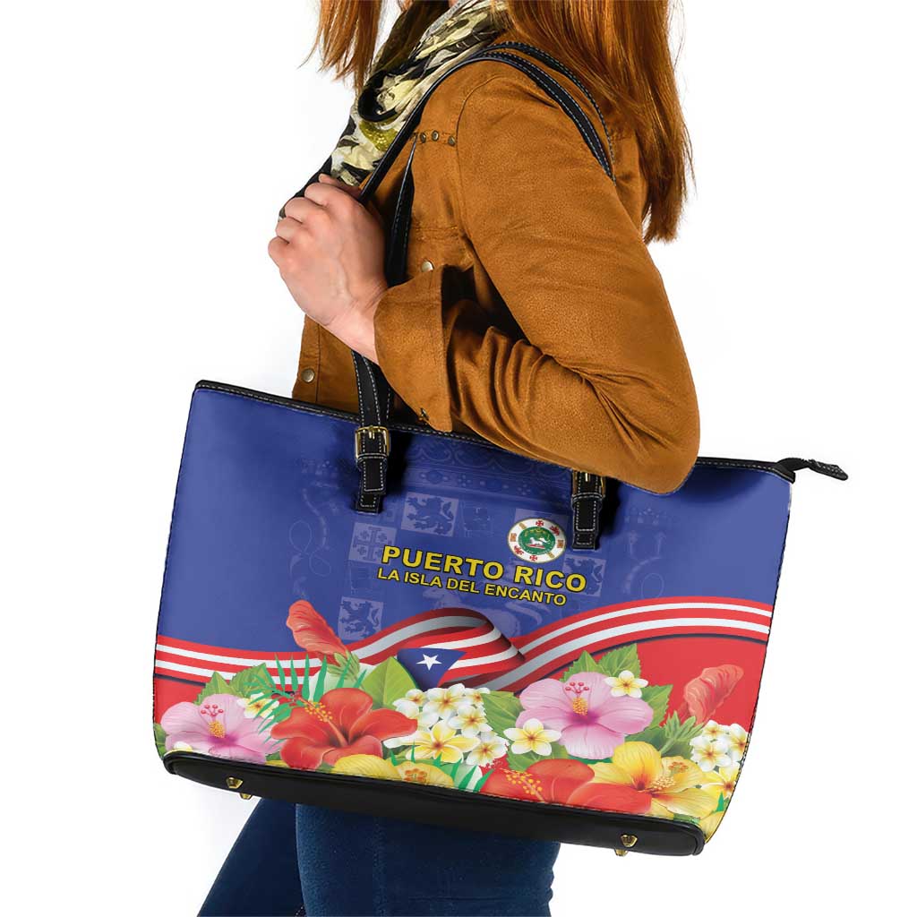 Puerto Rico Coat Of Arm Leather Tote Bag With Thespesia Grandiflora Flowers LT18