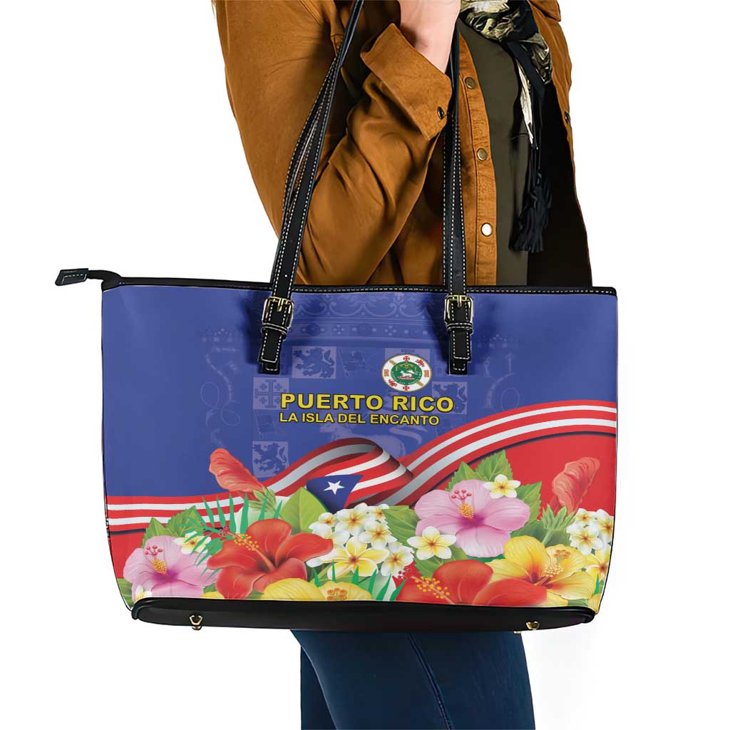 Puerto Rico Coat Of Arm Leather Tote Bag With Thespesia Grandiflora Flowers LT18
