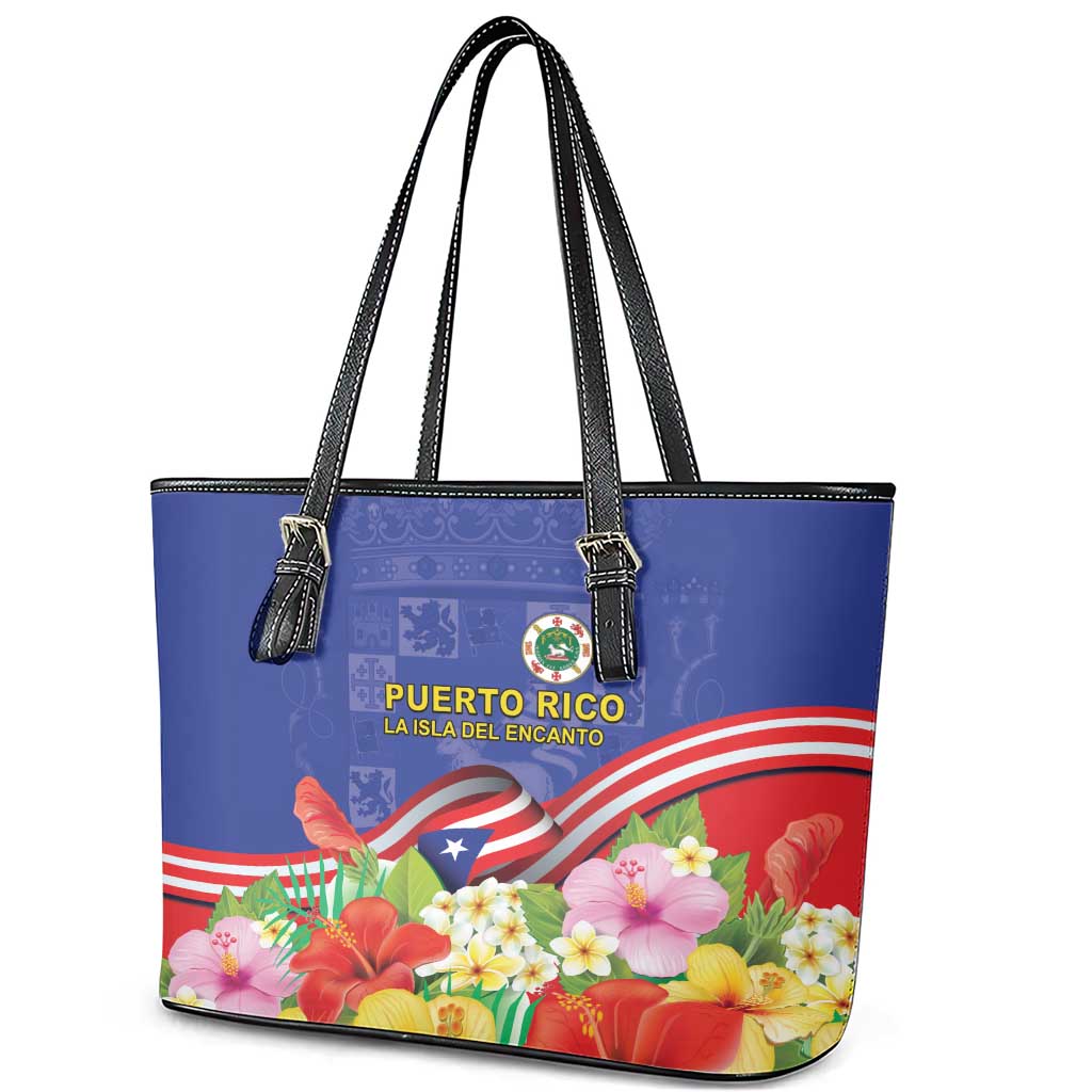 Puerto Rico Coat Of Arm Leather Tote Bag With Thespesia Grandiflora Flowers LT18