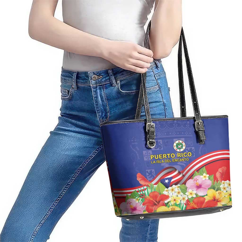 Puerto Rico Coat Of Arm Leather Tote Bag With Thespesia Grandiflora Flowers LT18