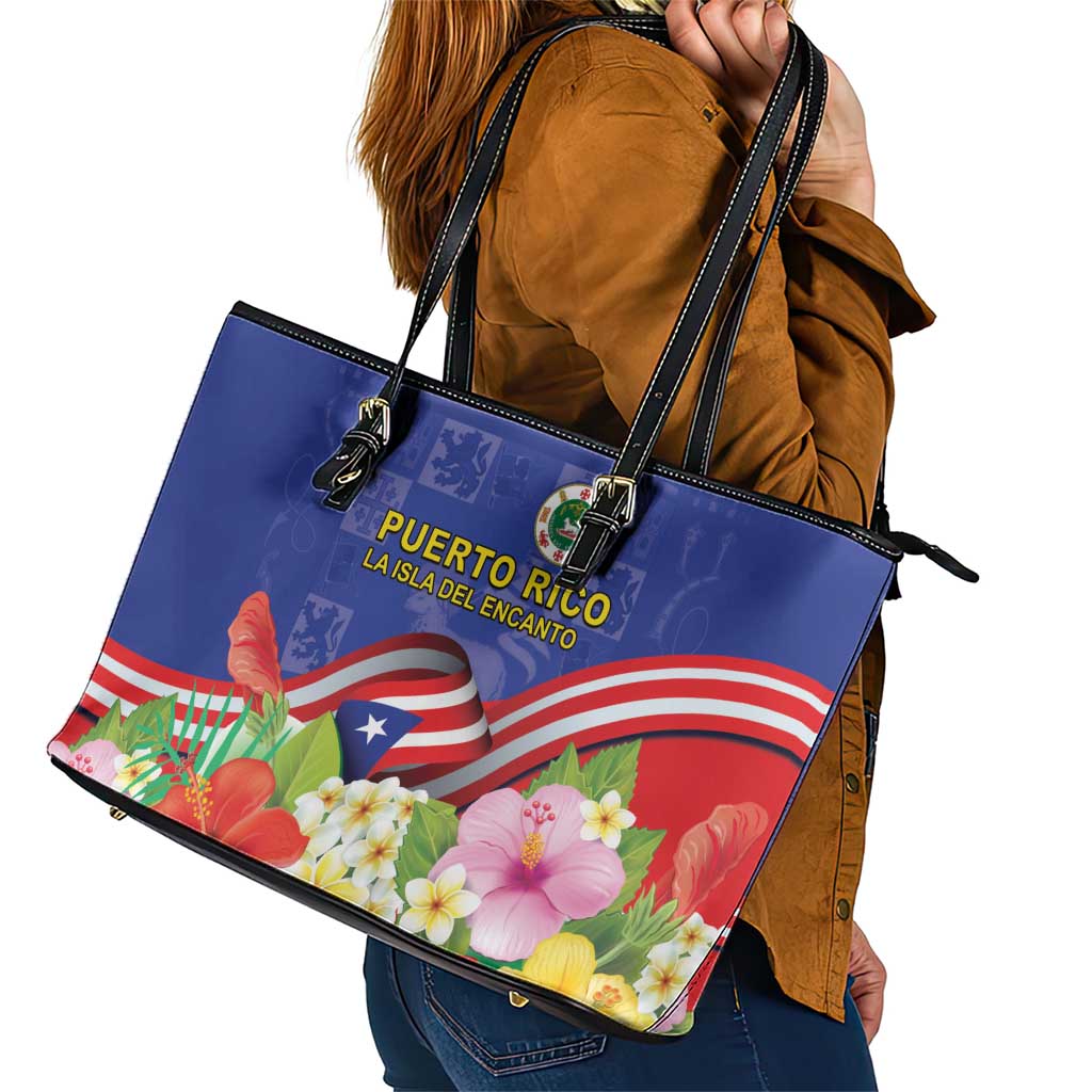 Puerto Rico Coat Of Arm Leather Tote Bag With Thespesia Grandiflora Flowers LT18