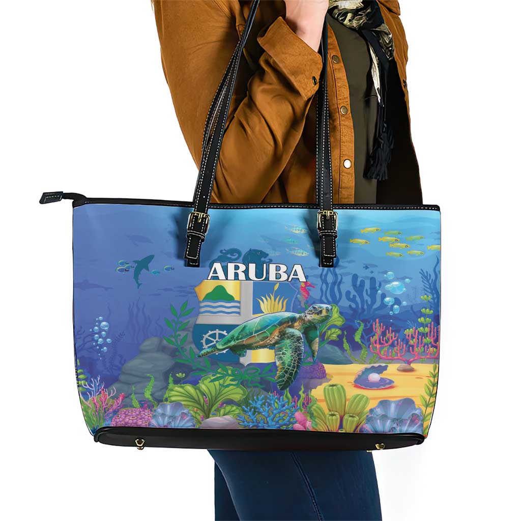 Aruba Sea Turtle Leather Tote Bag Underwater Landscape LT18