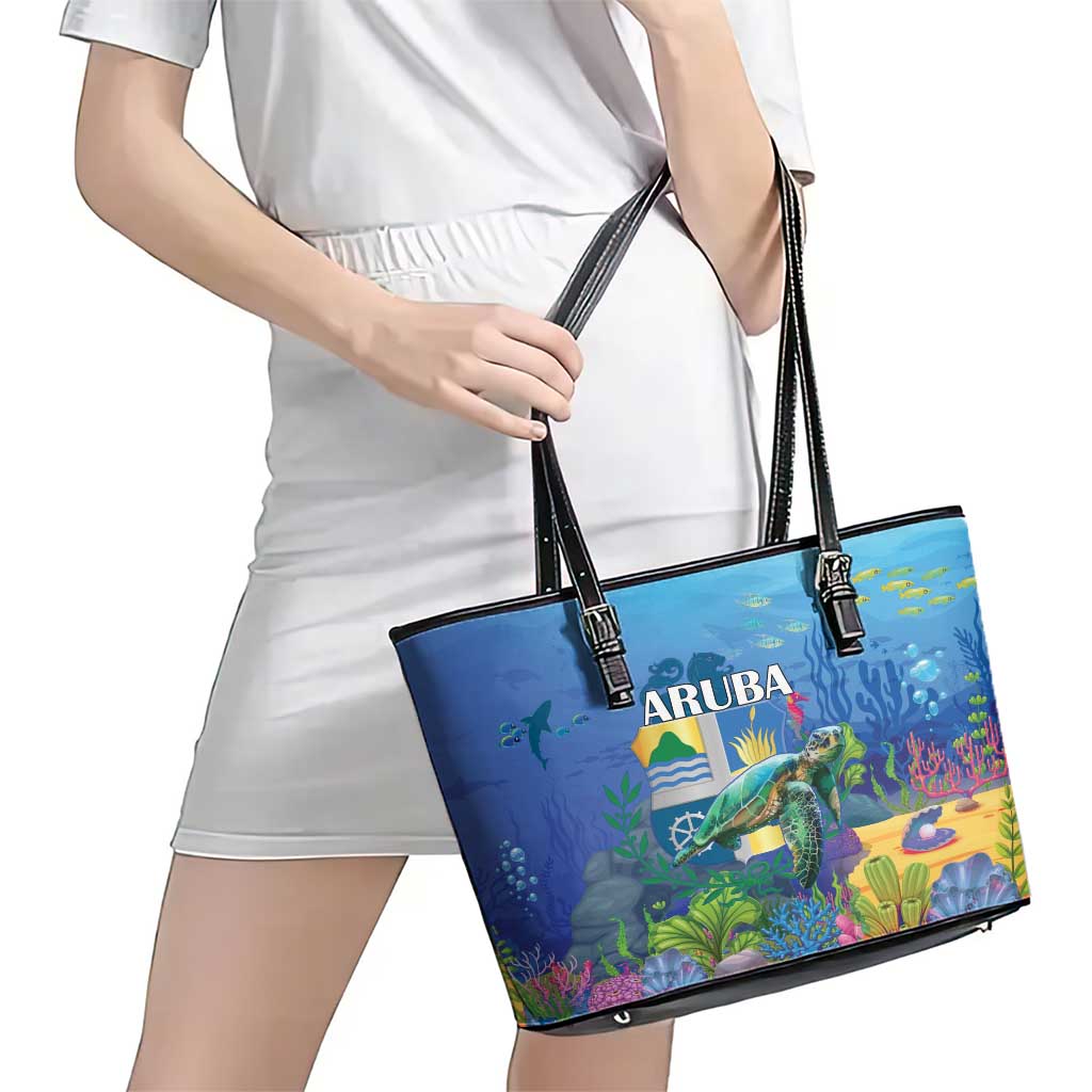Aruba Sea Turtle Leather Tote Bag Underwater Landscape LT18