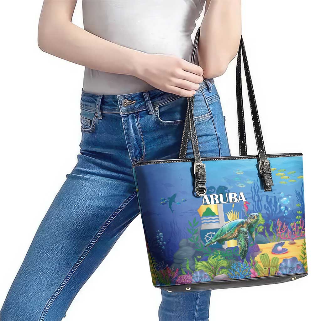 Aruba Sea Turtle Leather Tote Bag Underwater Landscape LT18
