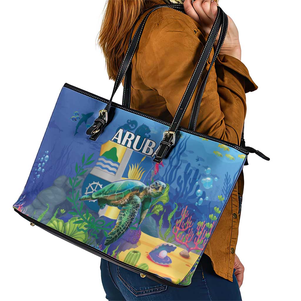 Aruba Sea Turtle Leather Tote Bag Underwater Landscape LT18