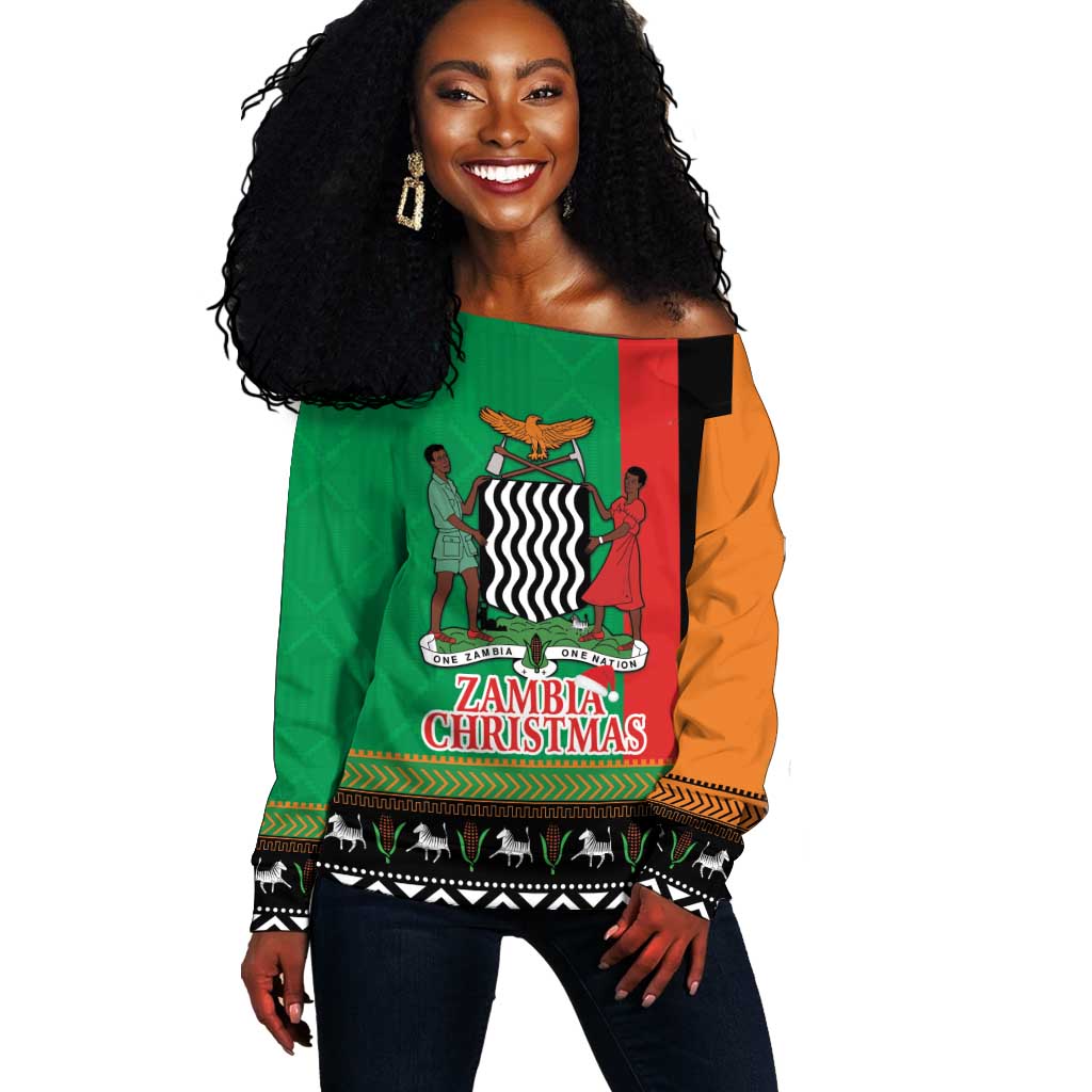 Afro Zambia Christmas Off Shoulder Sweater Coat Of Arms With Kente Pattern LT18