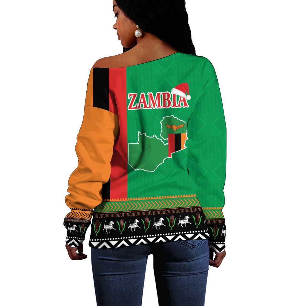 Afro Zambia Christmas Off Shoulder Sweater Coat Of Arms With Kente Pattern LT18