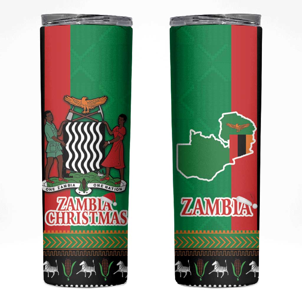 Afro Zambia Christmas Skinny Tumbler Coat Of Arms With Kente Pattern LT18