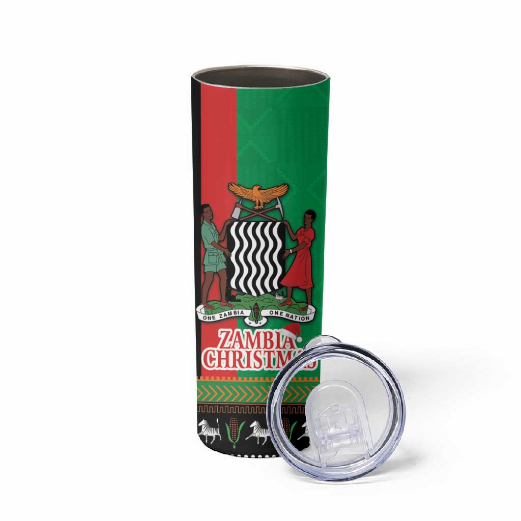 Afro Zambia Christmas Skinny Tumbler Coat Of Arms With Kente Pattern LT18