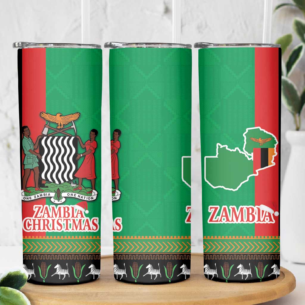 Afro Zambia Christmas Skinny Tumbler Coat Of Arms With Kente Pattern LT18