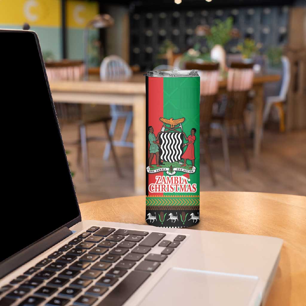 Afro Zambia Christmas Skinny Tumbler Coat Of Arms With Kente Pattern LT18