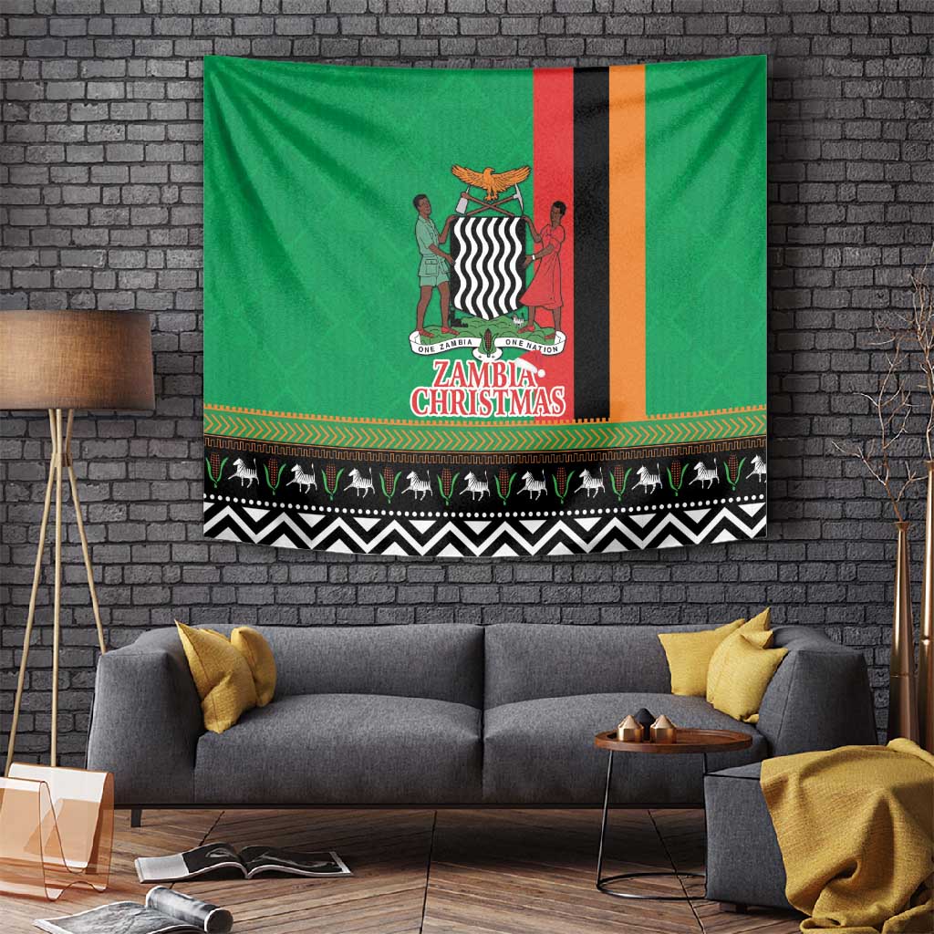 Afro Zambia Christmas Tapestry Coat Of Arms With Kente Pattern LT18