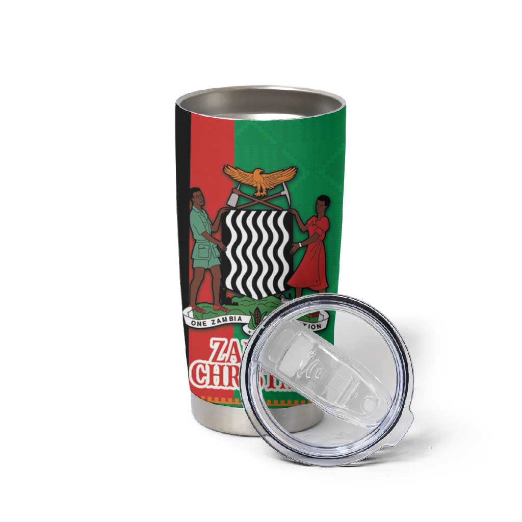 Afro Zambia Christmas Tumbler Cup Coat Of Arms With Kente Pattern LT18
