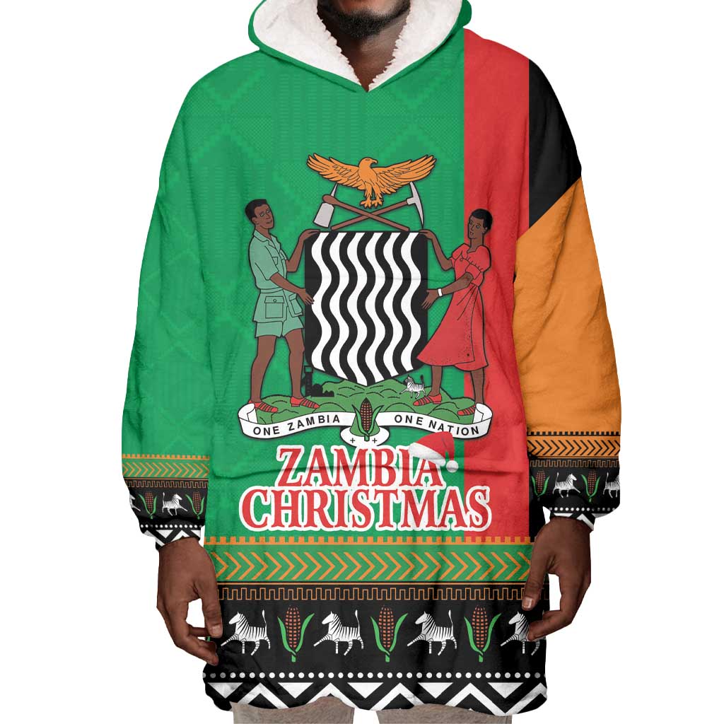 Afro Zambia Christmas Wearable Blanket Hoodie Coat Of Arms With Kente Pattern LT18