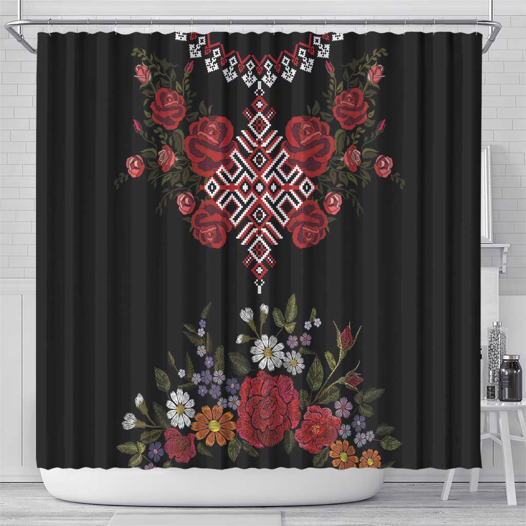 Czech Republic Traditional Costume Shower Curtain Embroidery Floral Pattern With Red Rose LT18