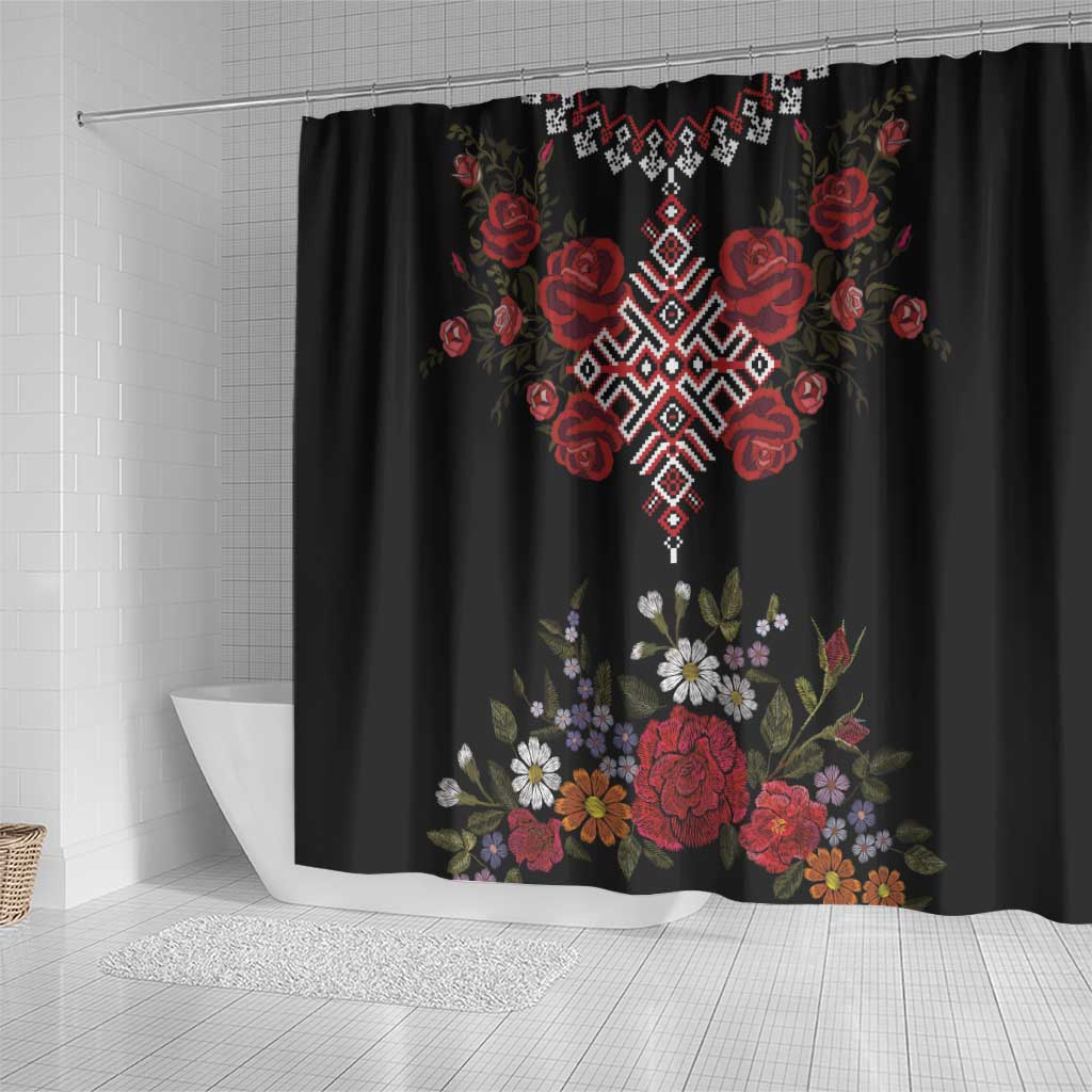 Czech Republic Traditional Costume Shower Curtain Embroidery Floral Pattern With Red Rose LT18