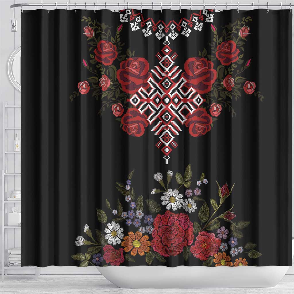 Czech Republic Traditional Costume Shower Curtain Embroidery Floral Pattern With Red Rose LT18