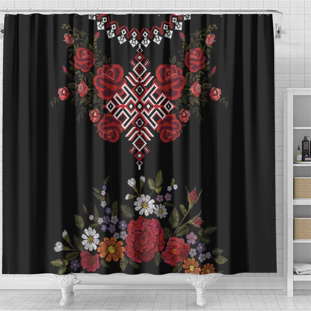 Czech Republic Traditional Costume Shower Curtain Embroidery Floral Pattern With Red Rose LT18