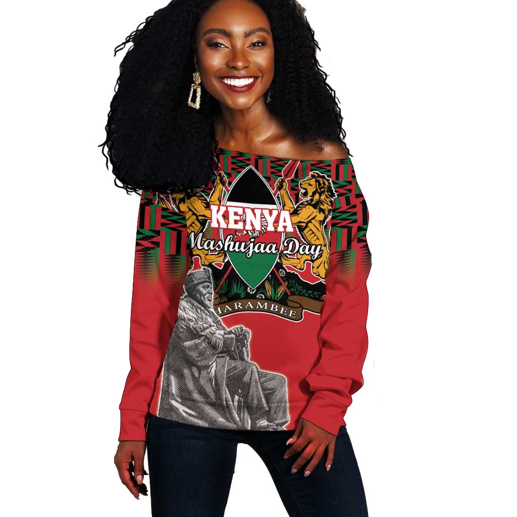 Personalized Afro Kenya Mashujaa Day Off Shoulder Sweater Mzee Jomo Kenyatta With Coat Of Arms LT18