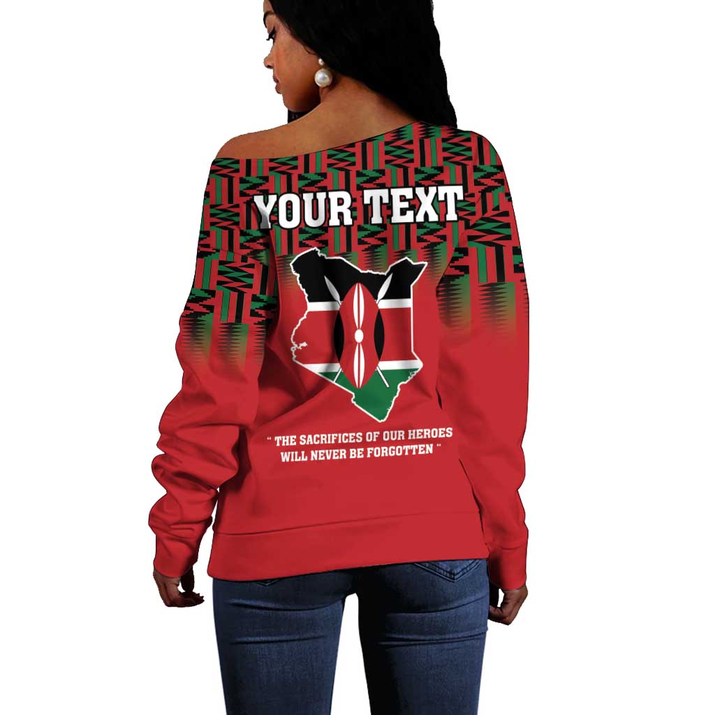 Personalized Afro Kenya Mashujaa Day Off Shoulder Sweater Mzee Jomo Kenyatta With Coat Of Arms LT18