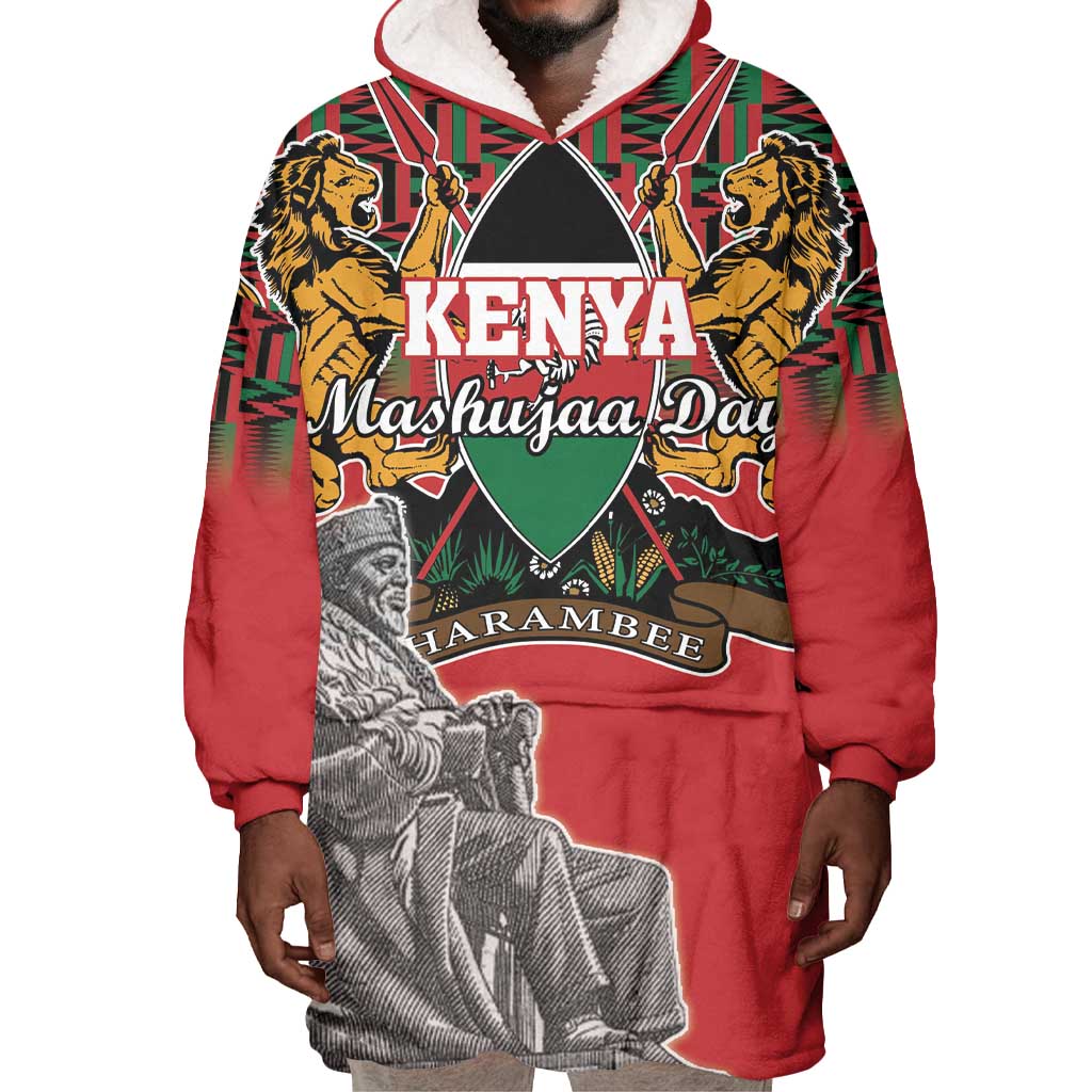 Personalized Afro Kenya Mashujaa Day Wearable Blanket Hoodie Mzee Jomo Kenyatta With Coat Of Arms LT18