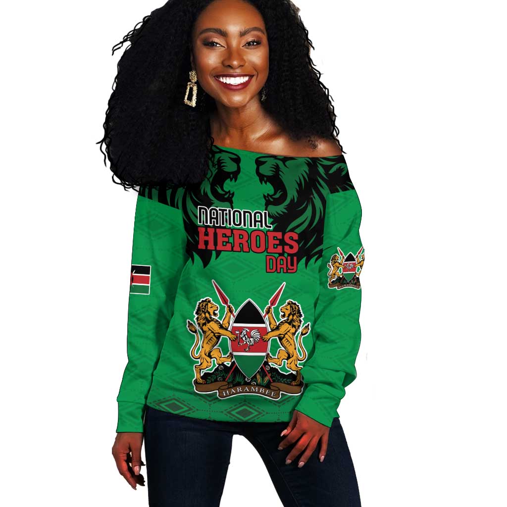 Afro Kenya National Heroes Day Off Shoulder Sweater Mashujaa With Lion Head And Coat Of Arms LT18