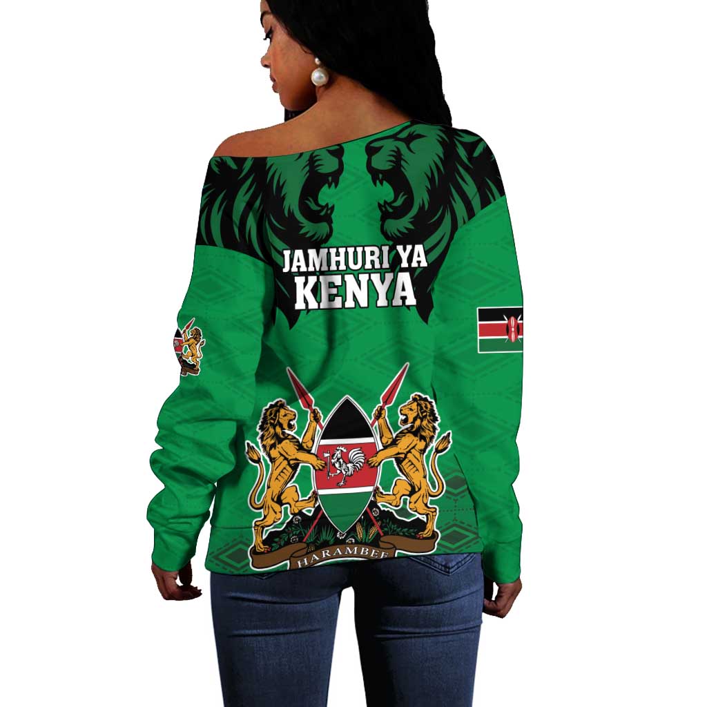 Afro Kenya National Heroes Day Off Shoulder Sweater Mashujaa With Lion Head And Coat Of Arms LT18