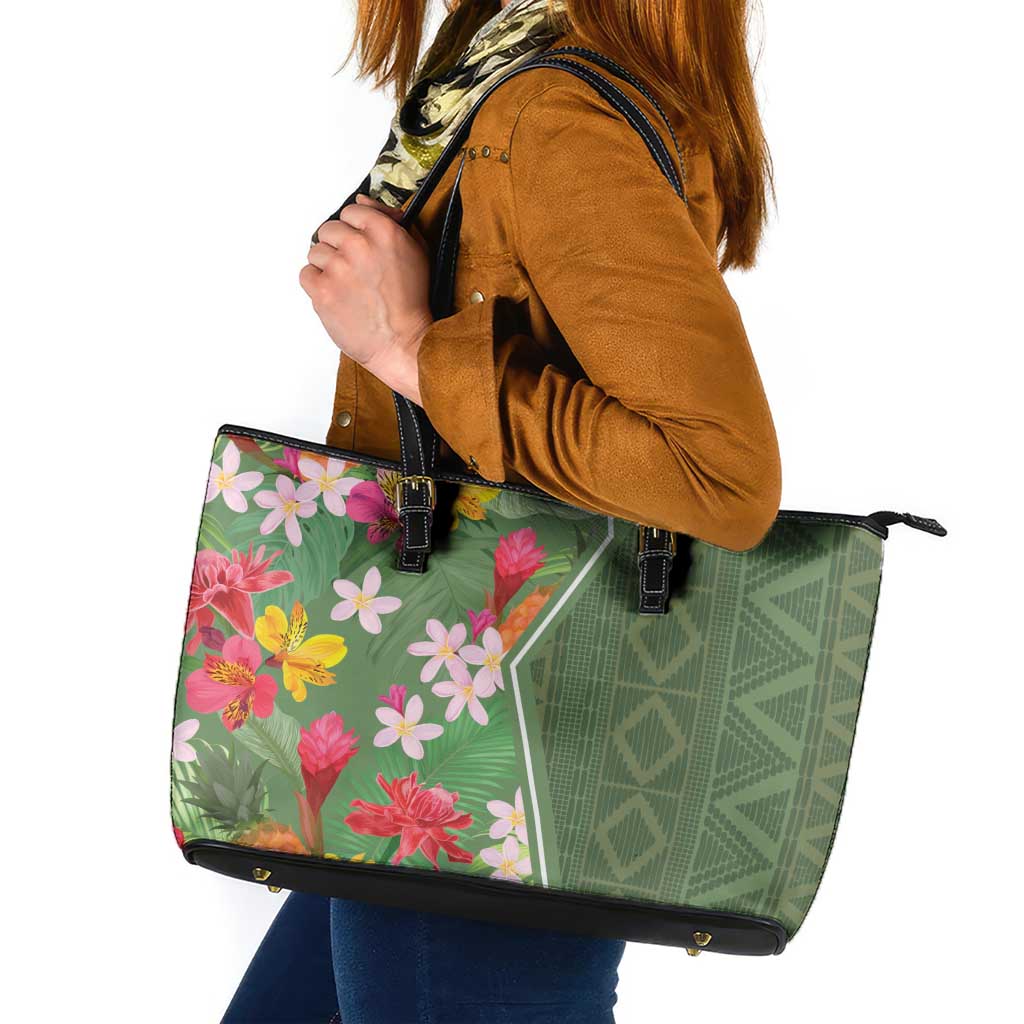 Africa Tropical Flowers Leather Tote Bag Green Version LT18