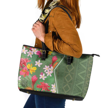 Africa Tropical Flowers Leather Tote Bag Green Version LT18