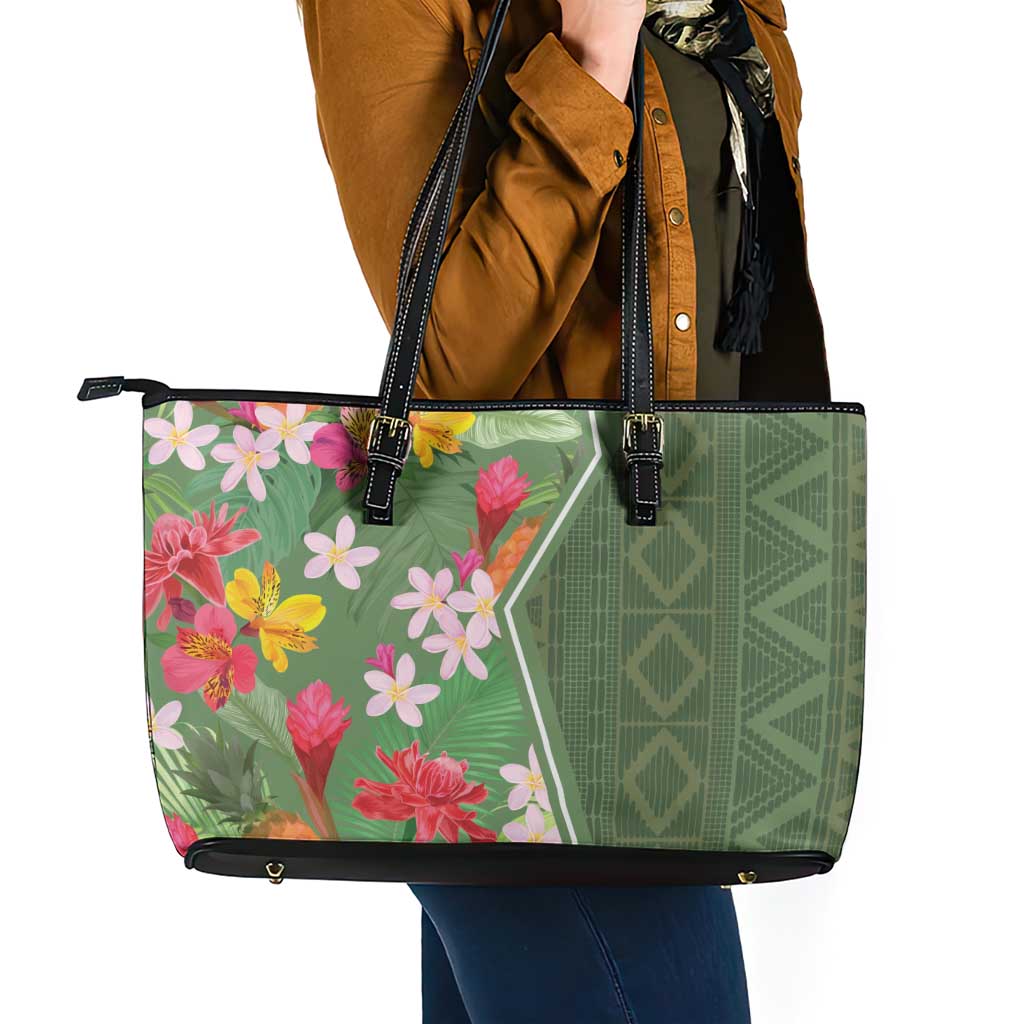 Africa Tropical Flowers Leather Tote Bag Green Version LT18