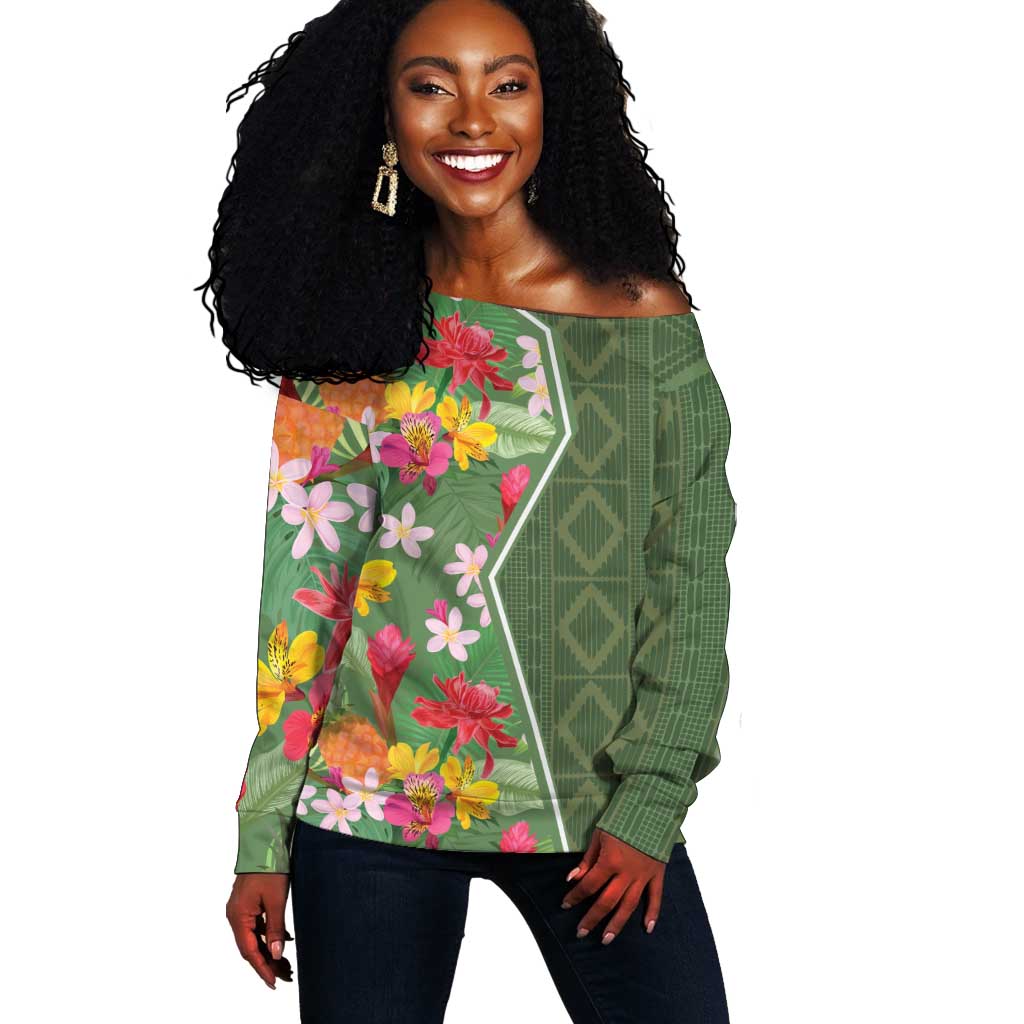 Afro Tropical Flowers Off Shoulder Sweater Green Version LT18