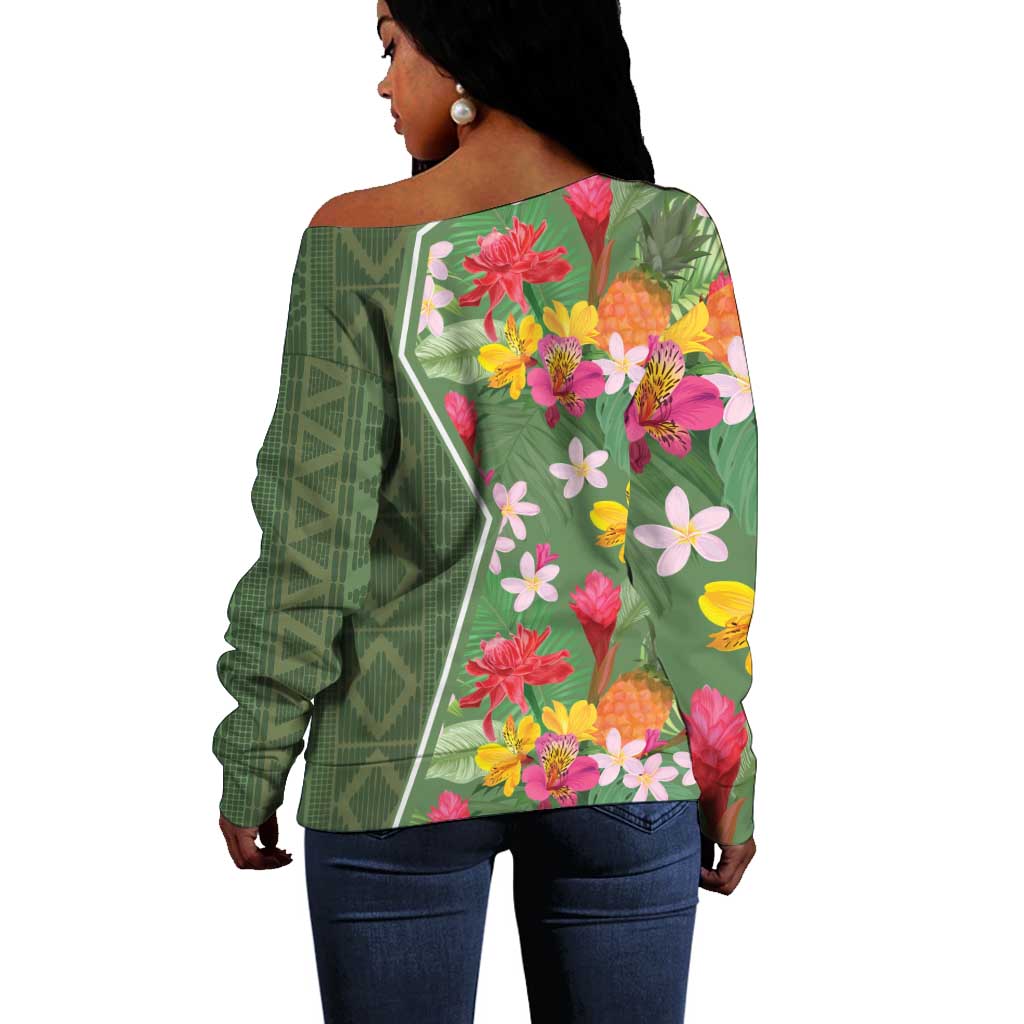 Afro Tropical Flowers Off Shoulder Sweater Green Version LT18