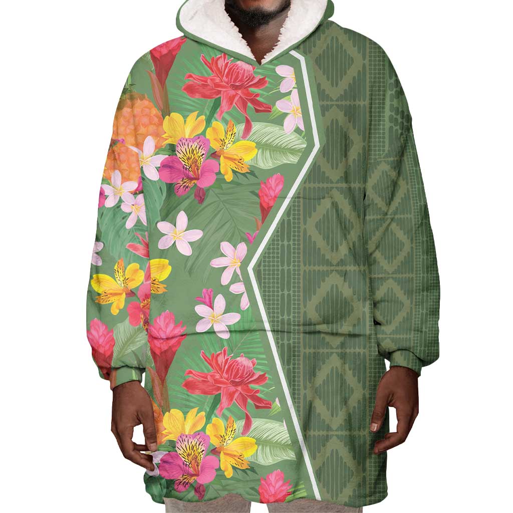 Afro Tropical Flowers Wearable Blanket Hoodie Green Version LT18