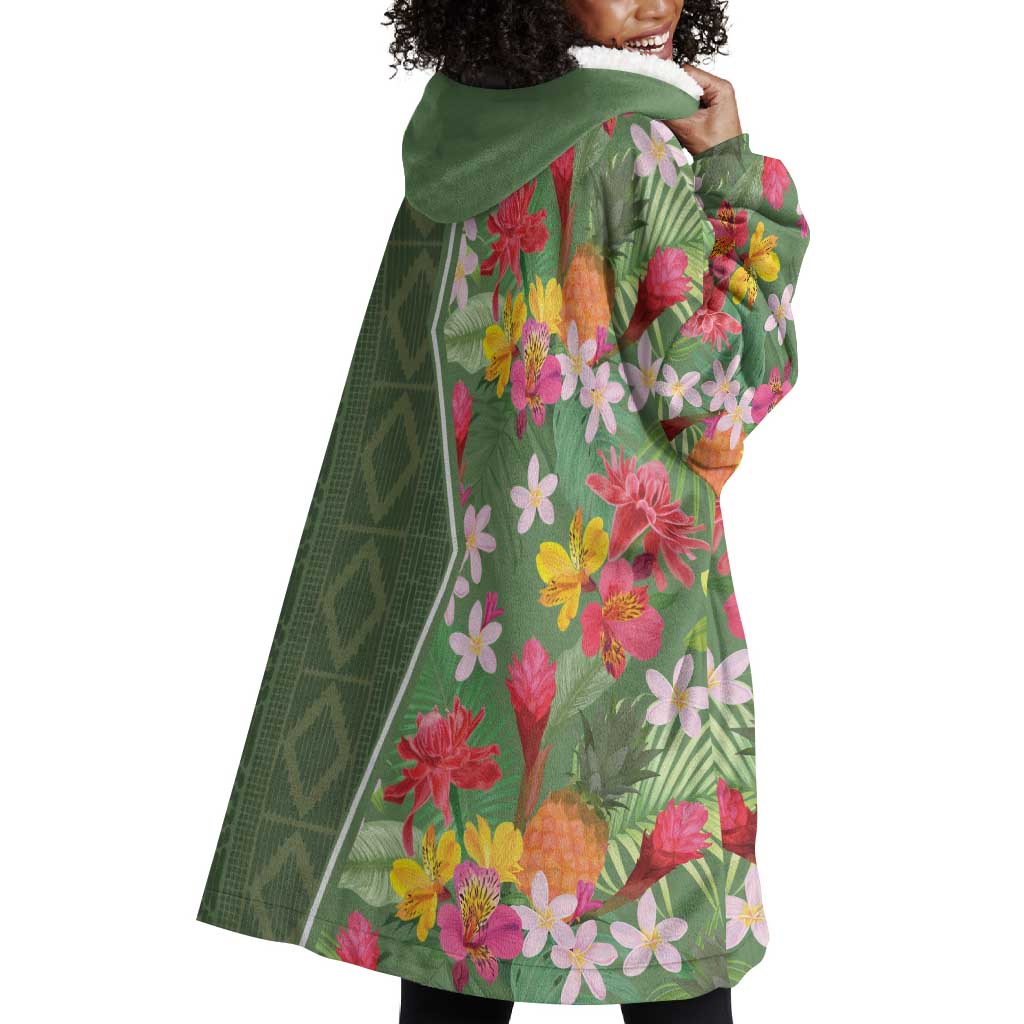 Afro Tropical Flowers Wearable Blanket Hoodie Green Version LT18