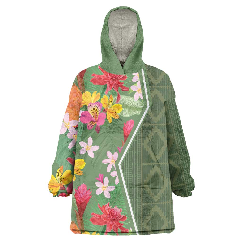 Afro Tropical Flowers Wearable Blanket Hoodie Green Version LT18