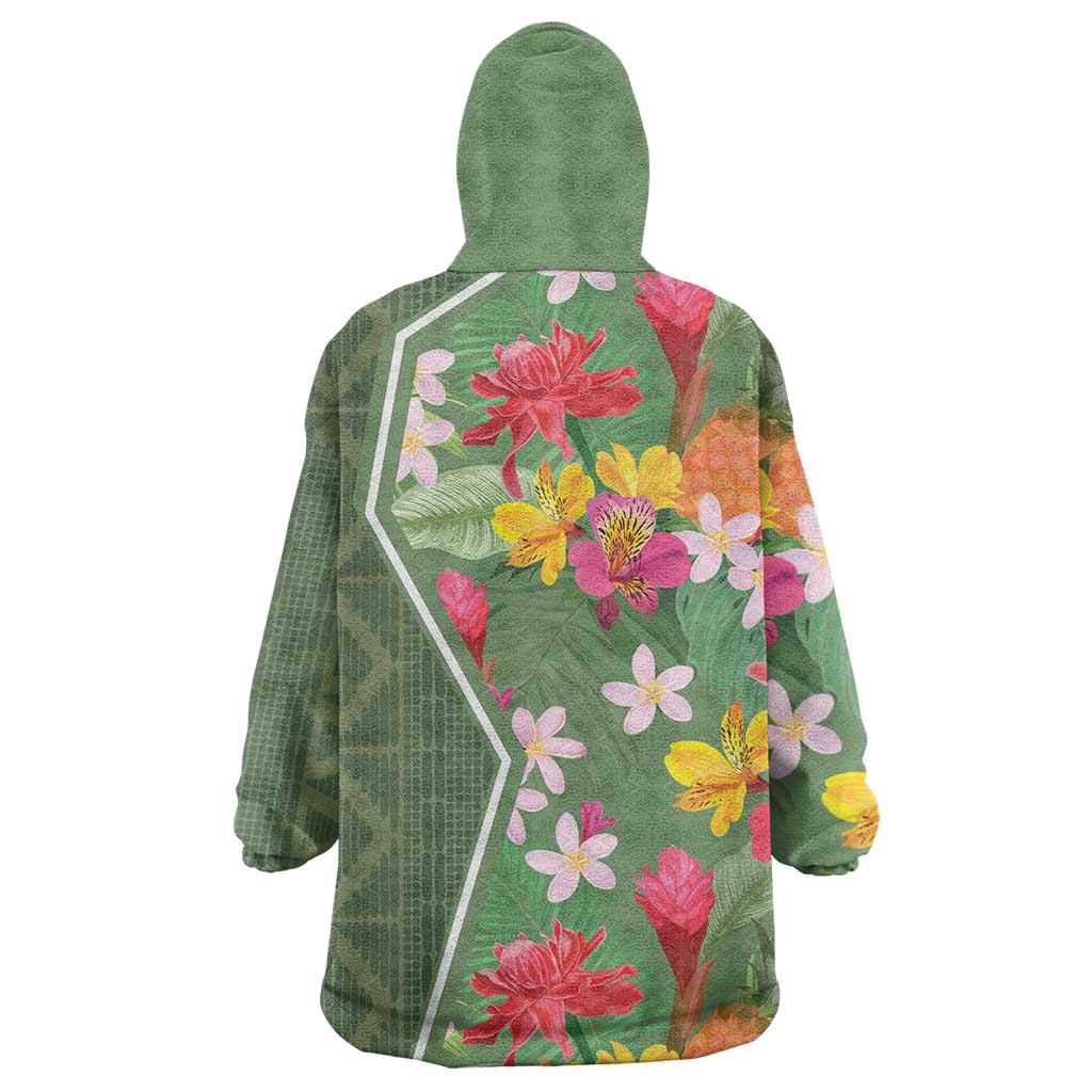 Afro Tropical Flowers Wearable Blanket Hoodie Green Version LT18