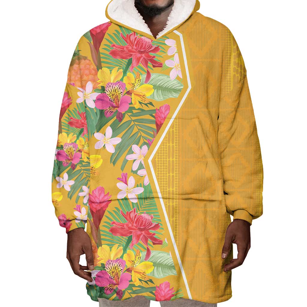 Afro Tropical Flowers Wearable Blanket Hoodie Yellow Version LT18