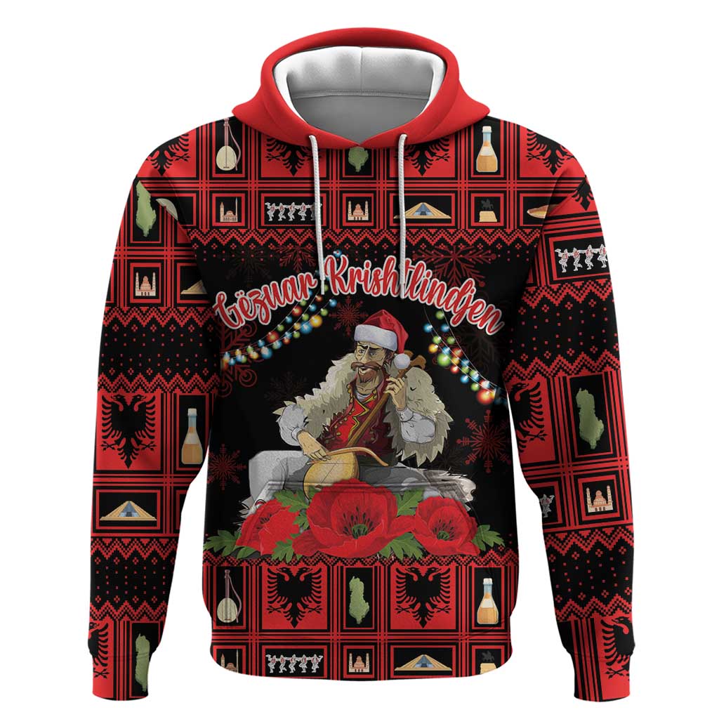 Personalized Albania Christmas Hoodie Albanian Man Playing Lahuta With Red Poppy LT18