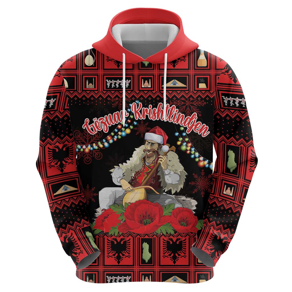 Personalized Albania Christmas Hoodie Albanian Man Playing Lahuta With Red Poppy LT18