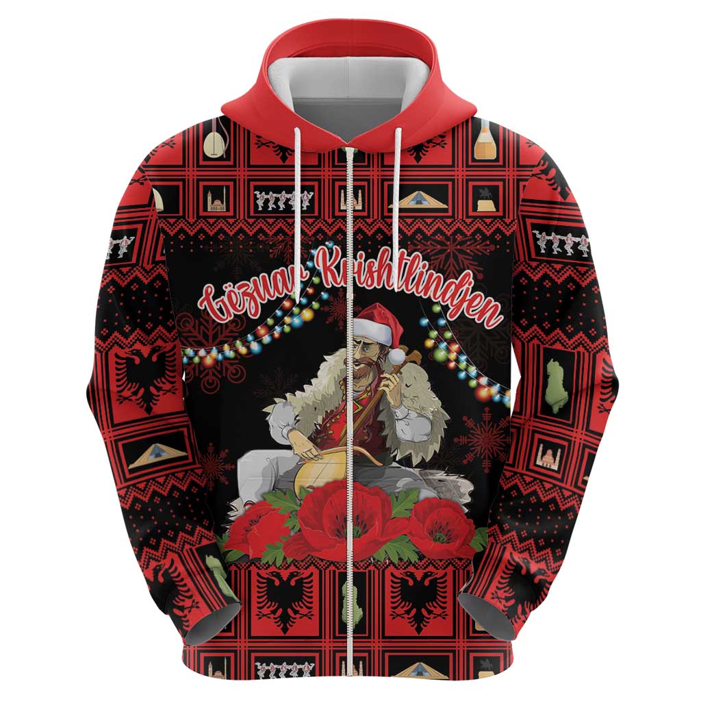 Personalized Albania Christmas Hoodie Albanian Man Playing Lahuta With Red Poppy LT18