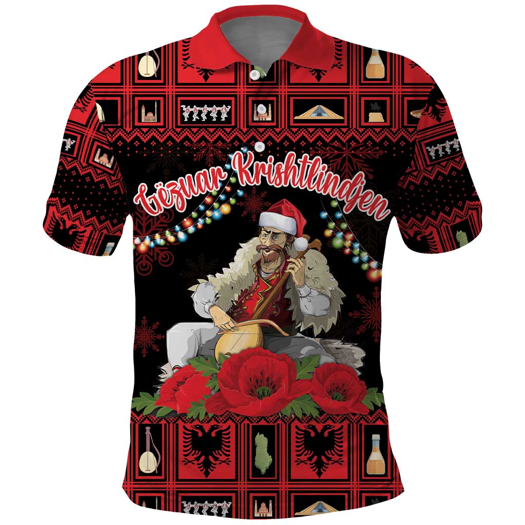 Personalized Albania Christmas Polo Shirt Albanian Man Playing Lahuta With Red Poppy LT18