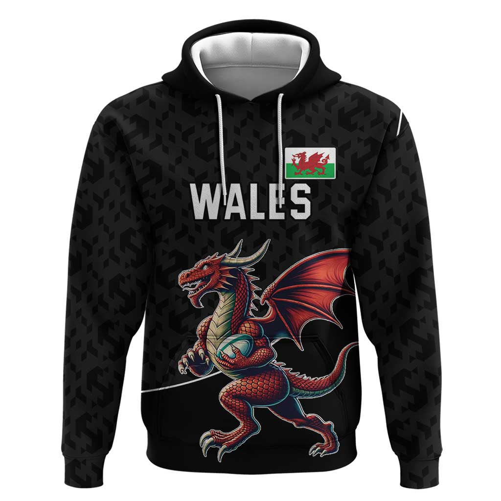 Custom Wales Rugby Hoodie Welsh Dragon Mascot Black Version LT18