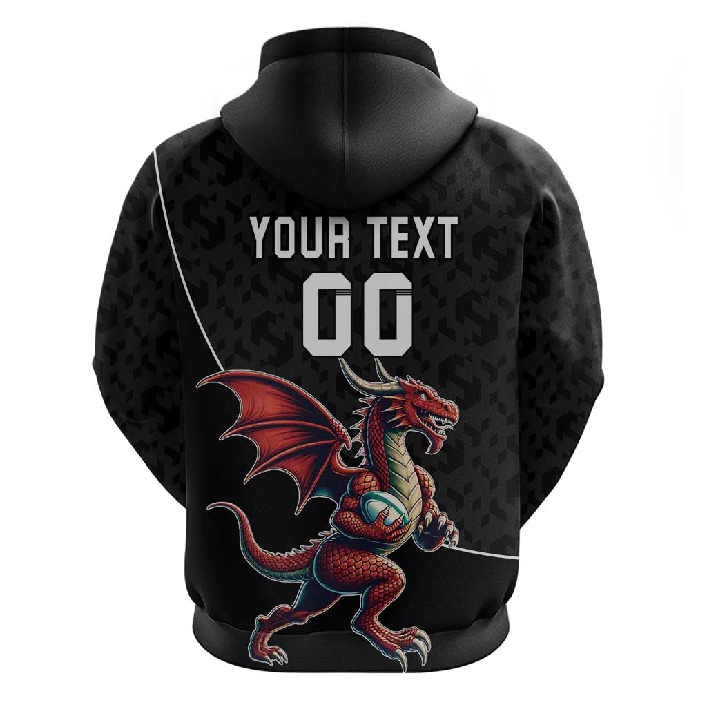 Custom Wales Rugby Hoodie Welsh Dragon Mascot Black Version LT18