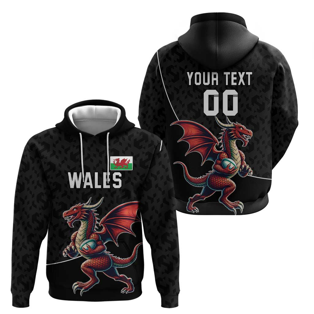 Custom Wales Rugby Hoodie Welsh Dragon Mascot Black Version LT18