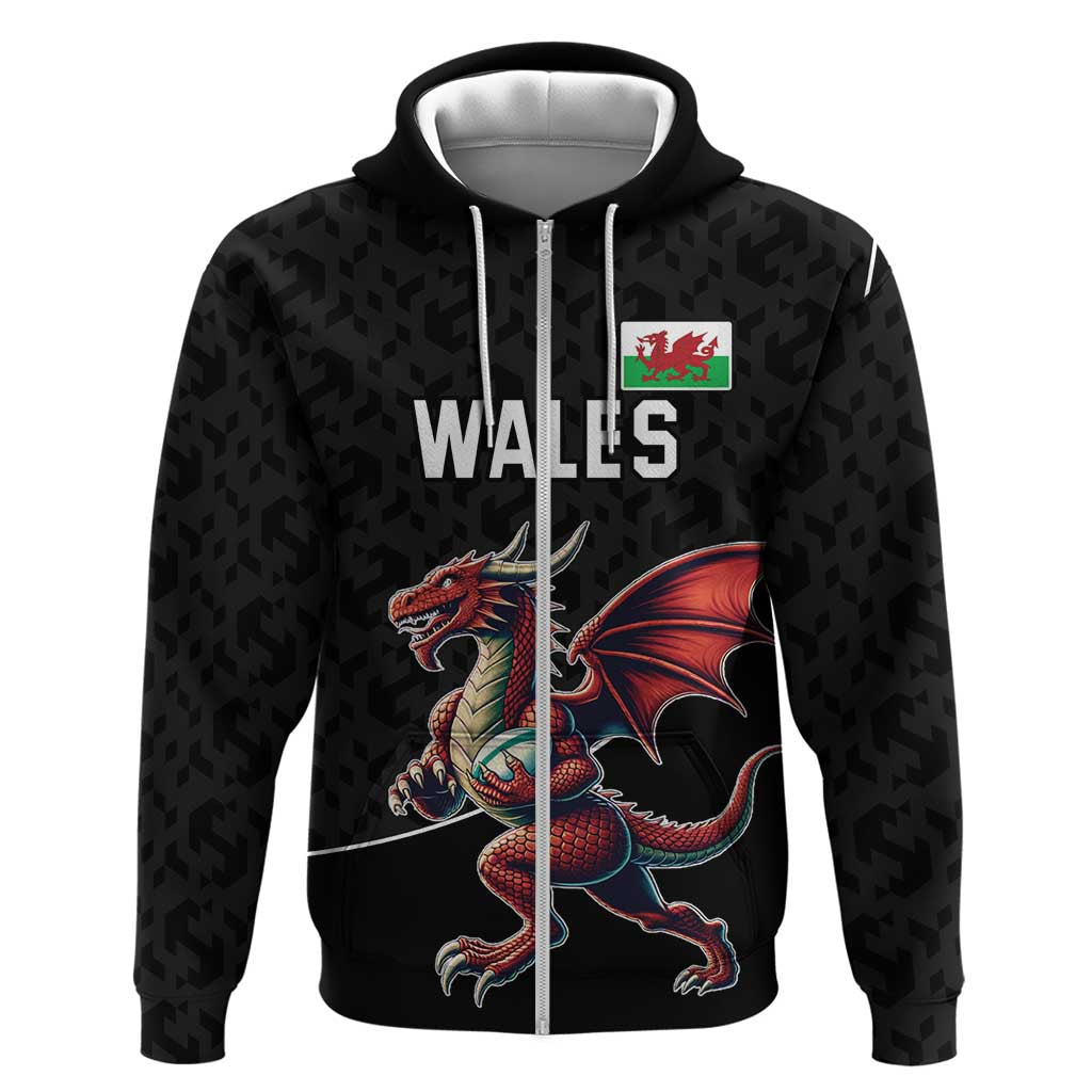 Custom Wales Rugby Hoodie Welsh Dragon Mascot Black Version LT18