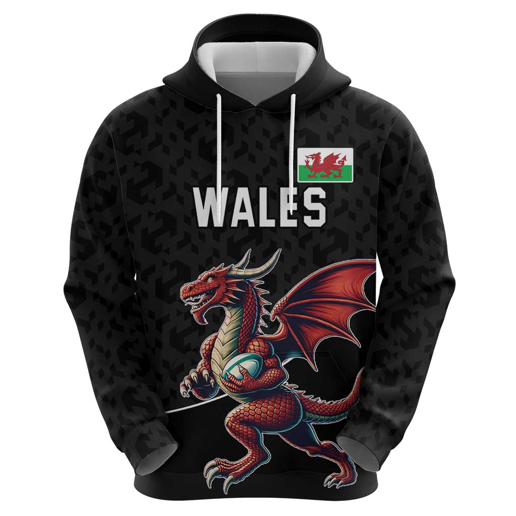 Custom Wales Rugby Hoodie Welsh Dragon Mascot Black Version LT18