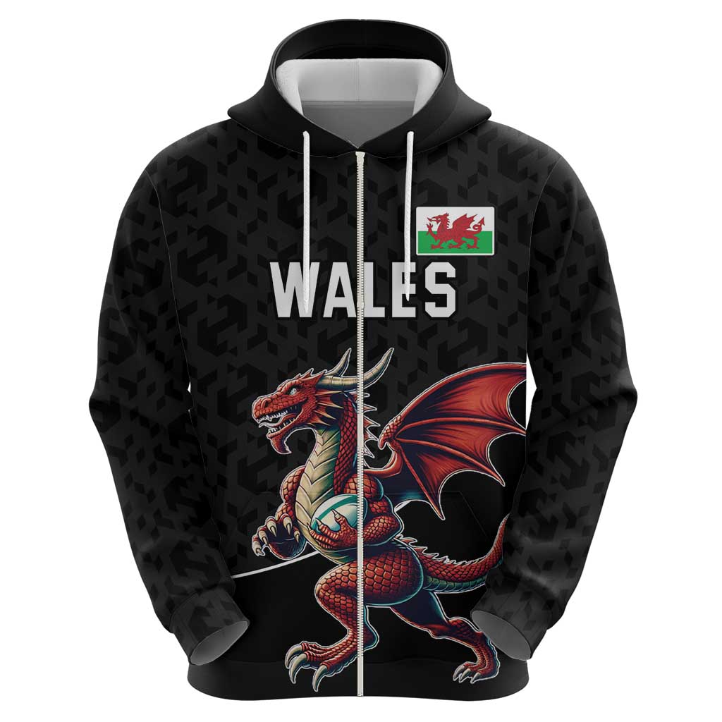 Custom Wales Rugby Hoodie Welsh Dragon Mascot Black Version LT18